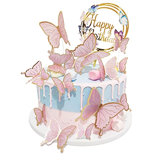 Butterfly Cake Toppers Decorations - 1 Big Happy Birthday Cake Topper & 15Pcs 3D Pink Gold Butterfly Cupcake Toppers - Butterfly Party Supplies for Decorating Baby Shower Girl's Birthday