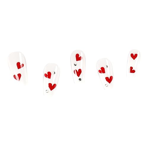 Miniatura 5 de QINGGE Uñas postizas blancas a presión con diamantes de imitación largos corazón rojo uñas postizas con pegamento uñas acrílicas para el día de San