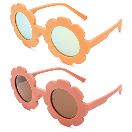 Hycredi Kids Flower Sunglasses Round Polarized  Sung Lasses Cute Shades Uv 400 Protection Girls Boys-Matte Yellow/Gold Mirrored Lens+Matte Reddish Orange/Brown Lens #TOP1