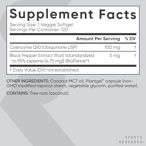 Sports Research CoQ10 (100mg) Enhanced w/Coconut Oil & Bioperine (Black Pepper) for Better Absorption | Vegan Certified, Non-GMO Verified (120 Veggie Softgels) - Image 6