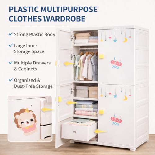 Image of AYSIS Kids Plastic Collapsible Wardrobe Organizer for Storage with Drawers | Cute Cartoon Design | Heavy Duty Cloth Organizer for Storage | Easy to Assemble | Perfect for Kids Room & Home | White