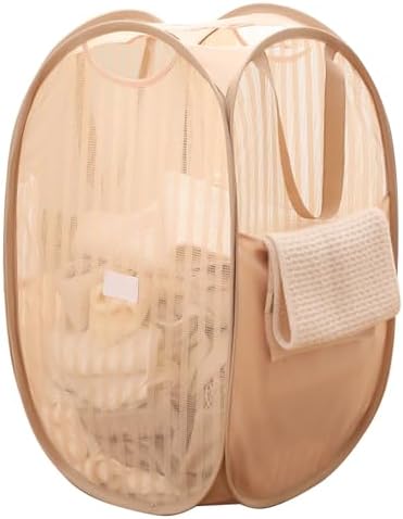 Portable Foldable Laundry Basket - Mesh Hamper with Handles & Side Pockets for Easy Storage - Compact Beige Laundry Organizer for Small Spaces