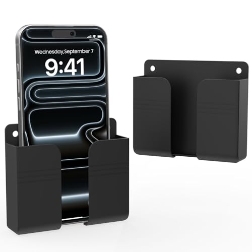 HZZADZXW Wall Mounted Phone Holder with Adhesive No-Drill Phone Stand for Charging Built-in Cable Slot Phone Holder for Bathroom Bedroom Kitchen RV Compatible with iPhone & Android Black