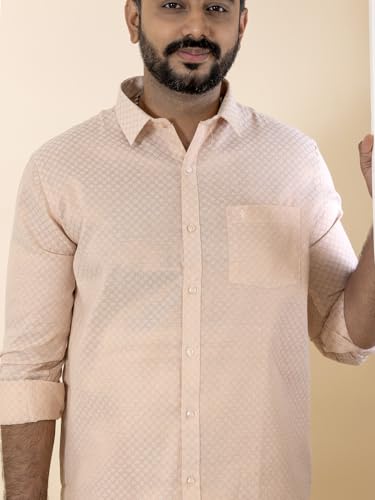 Image of RAMRAJ COTTON Men Gold Tissue Jacquard Full Sleeves Shirt with Matching Dhoti Set