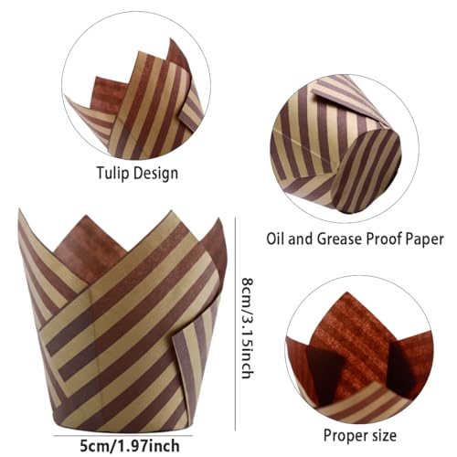 Image of 200 Pieces Tulip Cupcake Muffin Liners Greaseproof Paper Baking Cups Cupcake Wrappers for Birthday Wedding Party Baby Showers Catering Restaurants(Stripe Coffee)