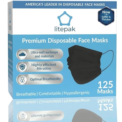 Litepak 125-Pack Disposable Face Mask Premium Comfort Earloops with Dispenser Box (Black)
