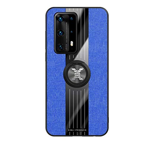 FHXD Compatible avec Les Coque Huawei P40 Pro Plus Ultra Mince Motif de Texture de Tissu Housse+1*Protecteur D'écran 360 ° Support D’Anneau Rotatif Anti-Choc Coquille-Bleu Cover