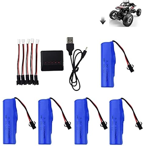 ZYGY 5PCS 3.7V 1200mah Lithium Battery with 5-in-1 Charger for DE45 DE42 DE58 DE49 DE57 DE70 RC Car 1:14 Off-road Vehicle Four-wheel Drive High-speed Climbing Drift Racing Spare Battery Cover