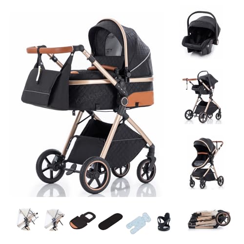 Kakbgee Cochecito 3 en 1 con Silla de Coche, Carrito bebé Plegable, Manillar 7 Alturas, Suspensión 4 Ruedas, Funda de Lluvia y Mosquitera, Sistema de Viaje para Recién Nacidos 0-3 Años (15kg), Negro