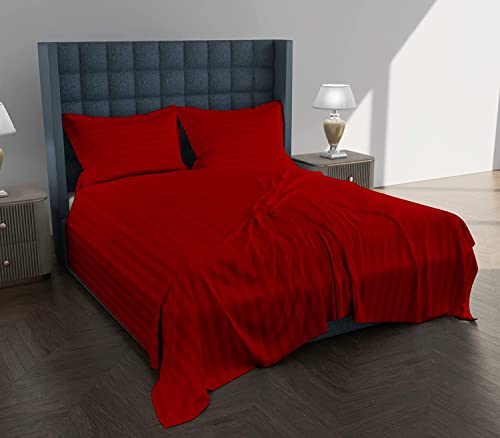 Image of 300 TC Glace Cotton Plain Stripe Queen Size Single Bedsheet with 1 Pillow Cover for Home, Hotel, Guest Room (60 X 90) Inch Maroon Pack 1