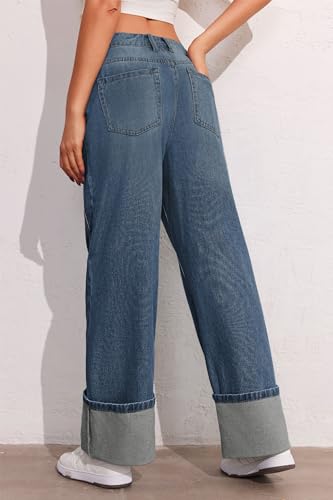 PLNOTME Womens Baggy Jeans Boyfriend Wide Leg Trendy Casual Mid Rise Cuffed Hem Denim Pants with Pockets4