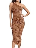 Gentlewarm Wedding Guest Dresses for Women Cocktail Party One Shoulder Ruched Bodycon Midi Formal Dresses for Women Caramel L