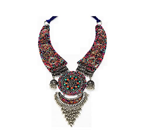 Indian Afghani Handmade Fabric Silver Oxidized Tassel Boho Beaded Embroidered Bohemian Thread Choker Necklace Jewelry