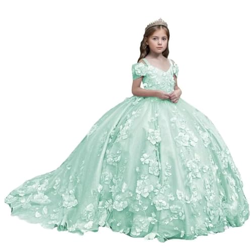 Tulle Flower Girl Dress for Wedding 3D Floral Pageant Dress with Train Princess Ball Gown for Girls First Communion