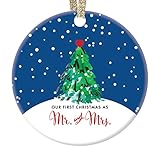Our First Christmas Mr & Mrs Tree Ornament 2019 Christmas Bridal Shower Wedding Present Newlywed Couple 1st Married Holiday Ceramic Keepsake 3