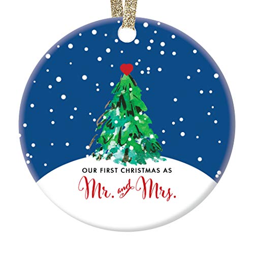 DIGIBUDDHA Our First Christmas Mr & Mrs Tree Ornament Gift Christmas Bridal Shower Wedding Present Newlywed Couple 1st Married Holiday Ceramic Keepsake 3