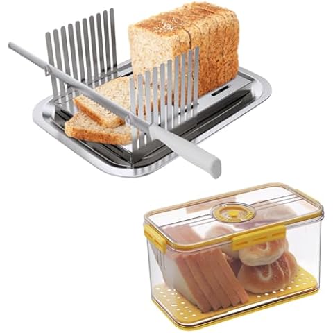 Stainless Steel Bread Slicer with Yellow Bread Box, Bread Cutter for Homemade Bread with Bread Knife, Bread Slicing Guide with Crumb Tray Cover