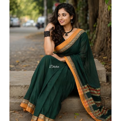 Image of Narayanpet Pure Cotton Avani Border Saree for Women with Running Blouse | Tassels | Traditional Woven Solid Design | Handloom Weave
