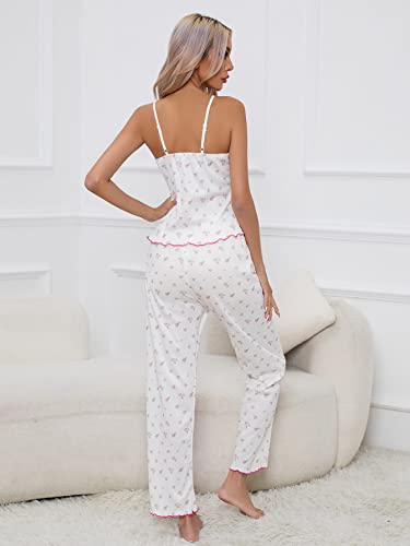 Verdusa Women's 2 Piece Floral Print Pajama Sets Lace Trim V Neck Cami And Pants Sets White S #TOP1