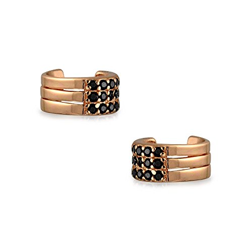 Black Cubic Zirconia Pave Cz 3 Band Cartilage Ear Cuffs Clip Wrap Helix Earrings Rose Gold Plated .925 Sterling Silver #TOP1