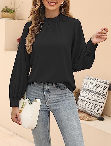Euredeja Women's Mock Neck Shirt Balloon Sleeve Ruffle Business Casual Blouses (Large, Black) #TOP5