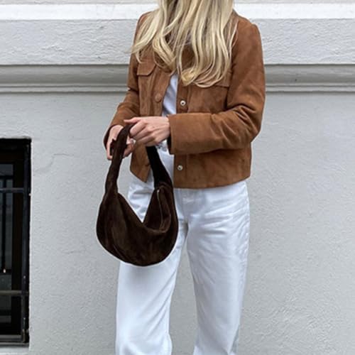 Button Down Cropped Suede Jacket Women Y2k Streetwear Faux Leather Bomber Jacket Fall Fashion 2024 Winter4