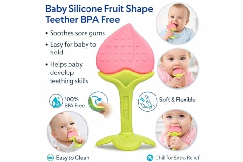 Image of 1 Baby Skin Care Powder Talcum Puff Case Cum Container Box With 1 Soft Silicone Fruit Shape Molar Teething Toy for Toddlers Kids and Infants BPA Free (DESIGN 201)