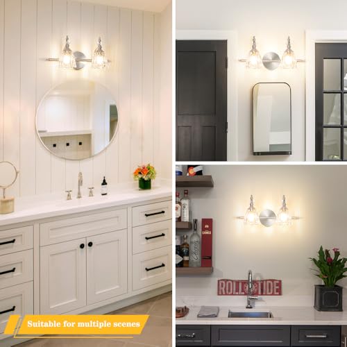 Image of Vintage Vanity Light Fixtures for Bathroom, 2 Light Brushed Nickel Vanity Lighting Over Mirror, Bathroom Light Fixtures with Flower Clear Glass, Farmhouse Sconces Wall Lighting for Hallway