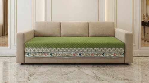 Image of Velvet Quilted Sofa Cover Mat Seat & Back, L Shape 3+2, Main L69in Chaise L46in H32in, Green Color,Anti Skid Backing, 6in Hanging Strap Design, Washable Sof, Style -Green-L32