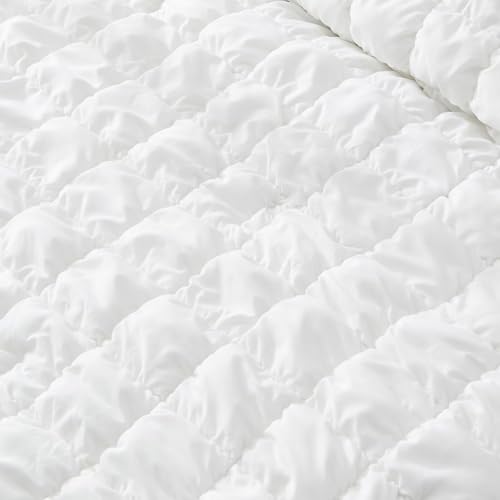 Image of White Comforter Set Queen Size Bed in A Bag 7 Piece Pinch Pleat Bedding Set,Pintuck Ruched Square Bed Set with Comforter, Sheets, Pillowcases & Shams