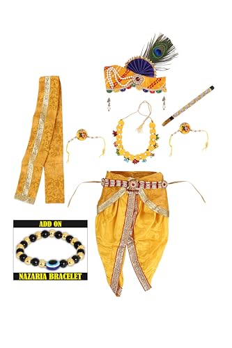 Image of Krishna Dress for Kids, Baby Krishna Dress for Janmashtami with Krishna Mukut, Peacock Feather & Flute Embroidered Krishna Costume for Girl & Boy, 3 Months-8 Years