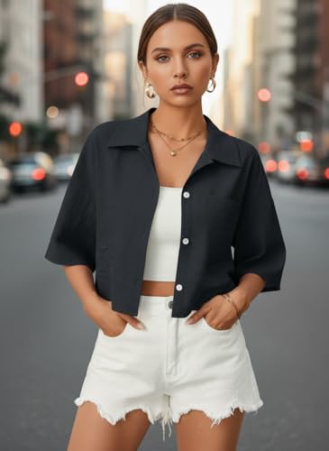 Image of Jacket for Women Stylish Cropped | Trendy Half Sleeve Button Down Casual Top | Loose Fit Shrug for Beach & Resort Outfits | Fashionable Lightweight Jacket (28 K-1-4)