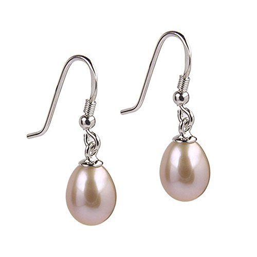 Freshwater Cultured Pearl Hook Dangle Earrings | Sterling Silver Rhodium Plated Shepherd Hook Earrings | Pastel Pink 8-9mm Oval Drop Shape Pearls