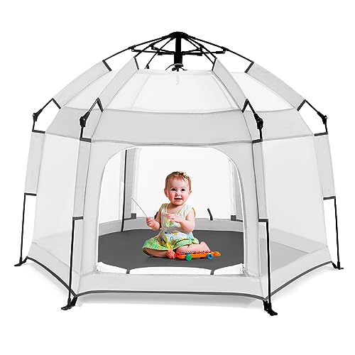 Bend River Baby Playpen with Canopy, Portable Baby Beach Tent, Toddler Play Yard Indoor and Outdoor, Foldable Mosquito Net for Infant - Light Grey
