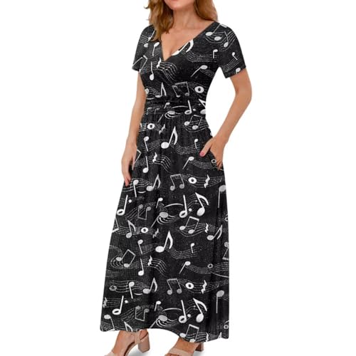 Image of Women's Fall Summer Short Sleeve Ankle Length V-Neck Party Dress with Pockets Size S-3XL