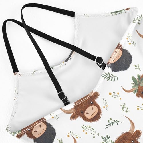senya Girls Swimsuits One-Piece Swimwear Tie Bathing Suit Beach Summer Round Neck 7-8T Cartoon Highland Cattle Leaves Pattern4