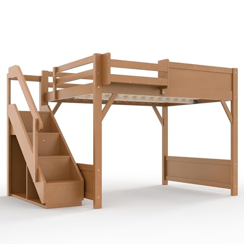 Image of KEIKI Solid Wood Full Size Loft Bed Frame with Stairs Built-in Wardrobe | Full Size Loft Bed with Storage Shelves, Full-length Guardrails, No Box Spring Needed for Bedroom, Dorm, Antique Natural