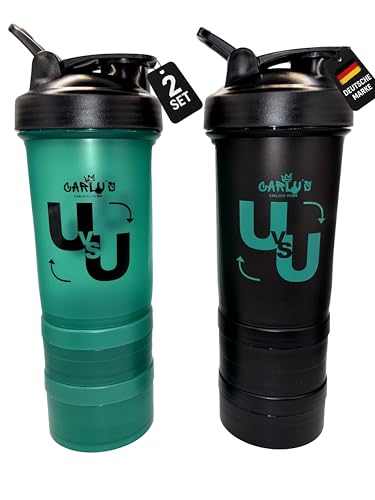 Carlu's Shaker 2ER SET mit Pulverfächern & Edelstahl-Mixball 100% BPA-frei Protein Shaker 500ml Auslaufsicher Spülmaschinenfest mit jeweils 2 Fächern & Tablettenbox Fitness Becher für Sport & Gym