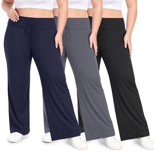 HLTPRO 3 Pack Lounge Pants Women Plus Size Wide Leg Pants Woman with Pockets Casual Pajama Palazzo...