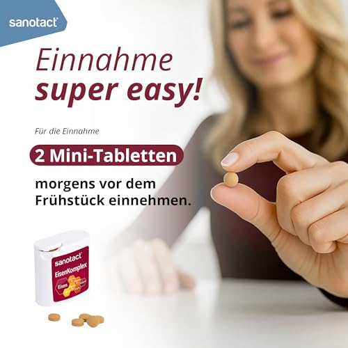 sanotact Eisen Komplex (100 Mini-Tabletten) • Mit 14mg hochdosiert, Kupfer, Folsäure, Vitamin C, B2, B6, B12 • Sofortwirkung bei Eisenmangel • Eisen für Blutbildung • 100% Vegan