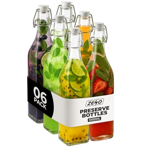 ZENO Glass Bottles With Swing Top 1000ML 6PCS | Airtight Preserve Bottles for Home Brewing, Juices, Oils & More | Leakproof Gasket Top | Ultra Durable Glass | Space Saving Design