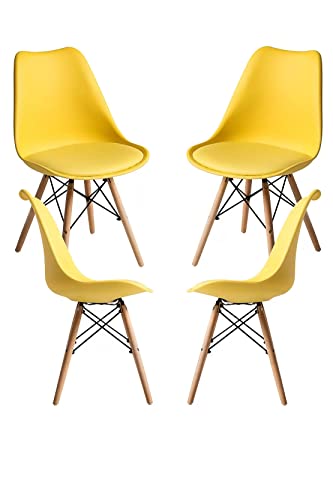 Image of Set of 4 Modern Style Mid Century Modern Dinning Room Cafe Hotel Office Wooden Legs Chair (Yellow with Cushion)