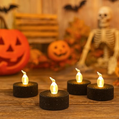 Image of 12PCS Black Tea Lights with Timer,Glitter Sparkly Tealights Candles Warm White Flickering Battery Operated for Gothic Wedding, Valentine's Day Home Decorations