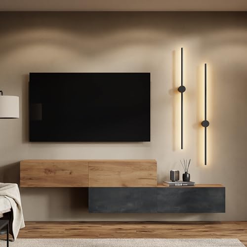 Planetmöbel - Mueble De Tv Para Salón, 2x 160 Cm Oro Roble Negro Carbón - Oro Roble, Moderno, Armario De Tv Con 2 Puertas Abatibles Como Espacio De Almacenamiento, Colgante O De Pie