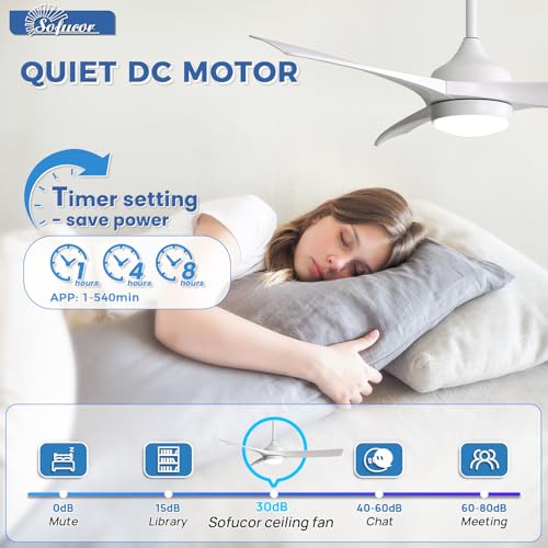 Image of Sofucor 52 Inch Smart Modern Ceiling Fan with Light, White 3 ABS Blades