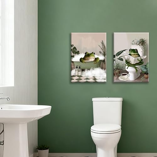 Image of Frimeeme Set of 2 Funny Frog Bathroom Canvas Wall Art,12x16 inches | Frimeeme Set of 2 Funny Frog Bathroom Canvas Wall Art,12x16 inches
