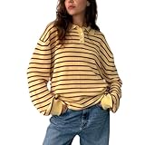 Women Polo Collar Striped Long Sleeve Rugby Sweater Y2k Long Sleeve Vintage Stripped Knit Oversized Sweatshirt Shirts Preppy Jersey Tops Yellow