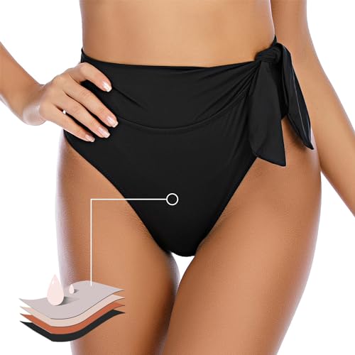 JFAN Bragas de Bikini Mujer Cintura Alta Ajustable Braguitas de Bikini Ruched Elegante Traje de baño Vientre Plano Pantalón Corto Surf,Negro,L
