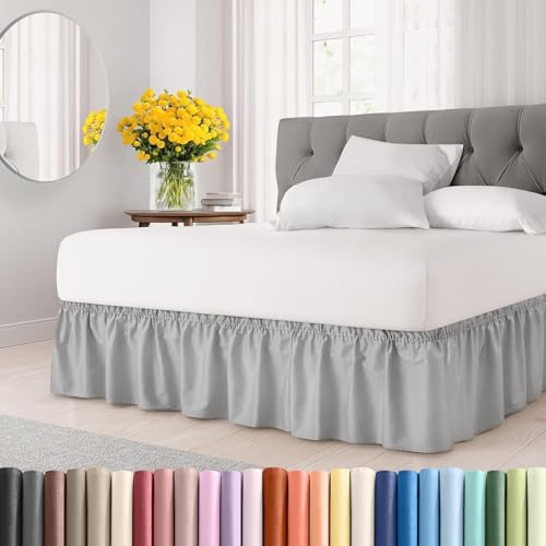 Image of Bed Skirt - Wrap Around Dust Ruffle Bed Frame Cover with Easy Fit Elastic Strap, King Size 18 Inch Drop, Microfiber Pleated, Machine Washable | Light Grey