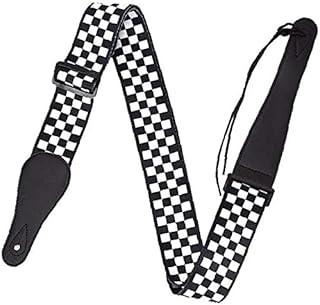 Useful and PracticalGuitar Strap Black and White Checkered Genuine Leather Ends Guitar Shoulder Strap Adjustable Holder for Guitar Acoustic Guitar and Bass 1Pc